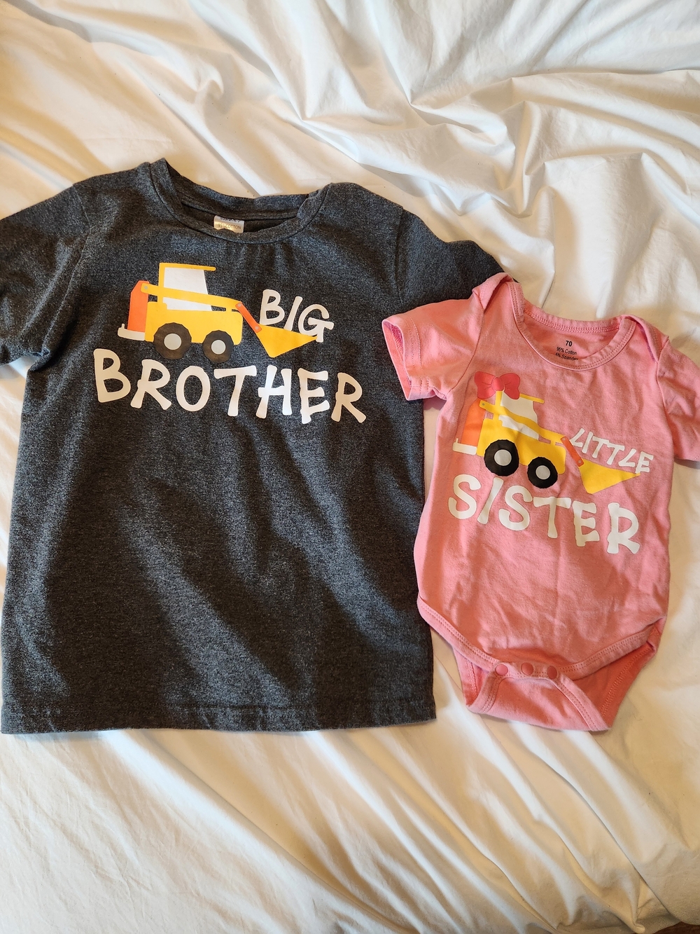 Big Brother Shirt & Little Sister Pink Bodysuit Set Trucks, Size 5 & 6-12 Months